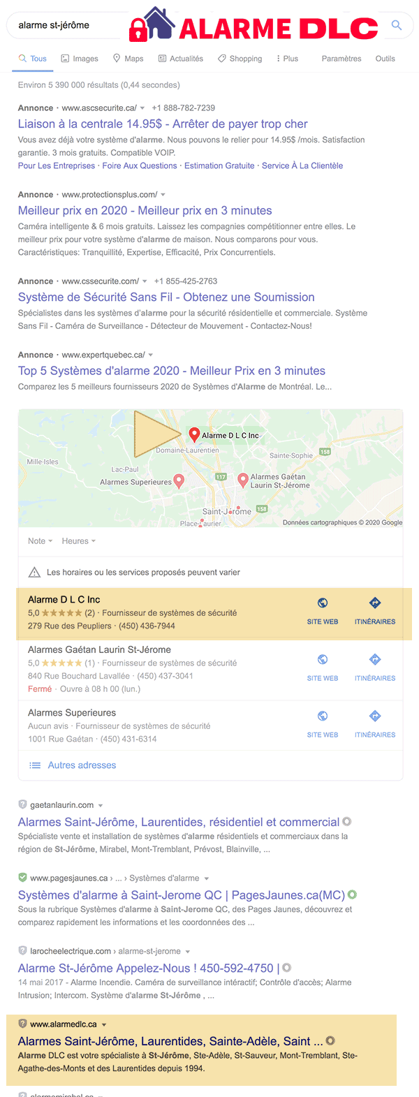 Alarme DLC, PREMIER dans le référencement local du classement Google Maps